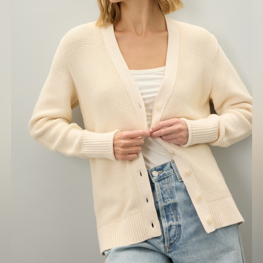 100% cotton heavy cream Cardigan ($325 retail) oversized size small - small flaw